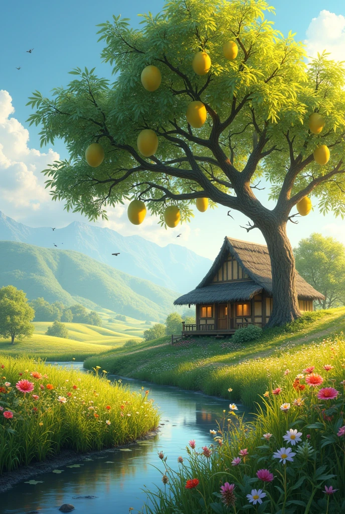 Create a picture for YouTube of a clean and beautiful rural landscape, with a tea hut in the background and a mango tree nearby.