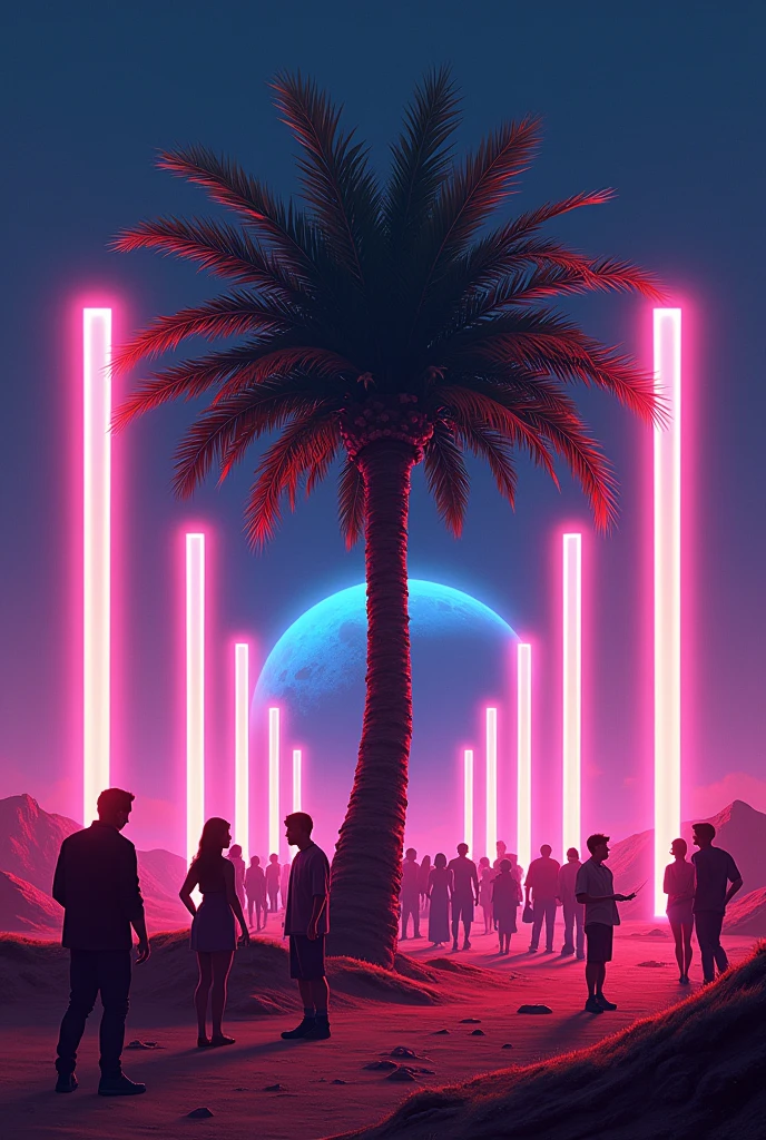 Create a party poster which has palm tree in the whole background with LED lights in rectangular form around it on planet mars and have exciting teenagers in a dark shade dancing and some relaxing on tree branches smoking and others as couples in the mix of dancing people 
