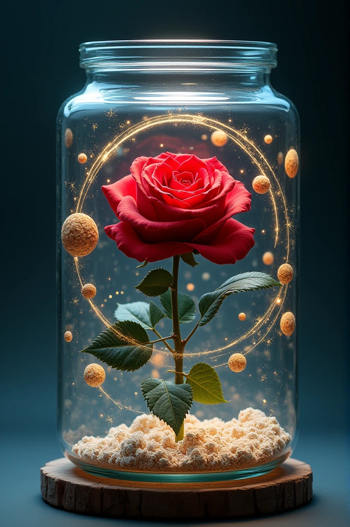 Create a jar full of orbits and a red rose inside the jar
