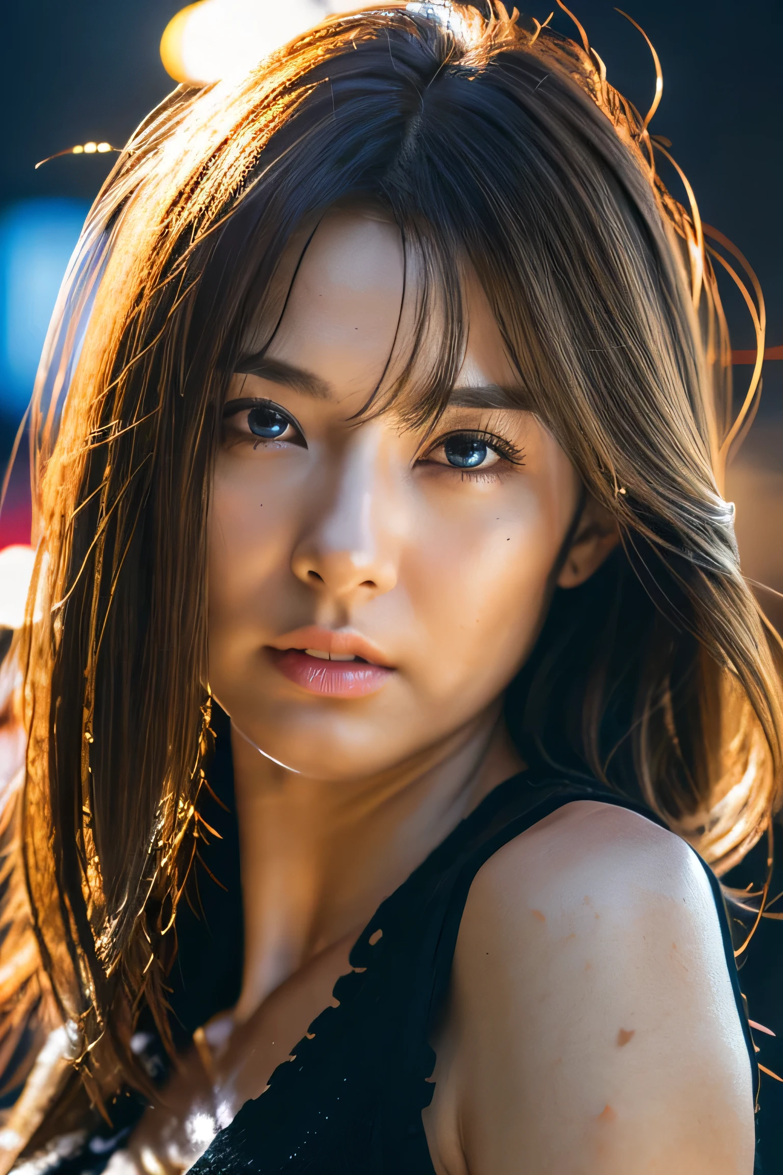 (masterpiece:1.2), super detailed, ultra high resolution, (realistic, photo realistic:1.37), High-definition RAW color photos, professional photos, highly detailed face, very fine eyes, highly detailed skin, very fine fingers, highly detailed nose, highly detailed mouth, perfect , highly detailed background, (famous japanese actress:1.2), (flat ), (Brown people, black skin, blonde hair:1.3), short hairstyle, detailed face time square detailed background cyberpunk shadow dramatic lighting by Bill Sienkiewicz, heavy rain, wet skin, splash, water drops, (full body:1.5),