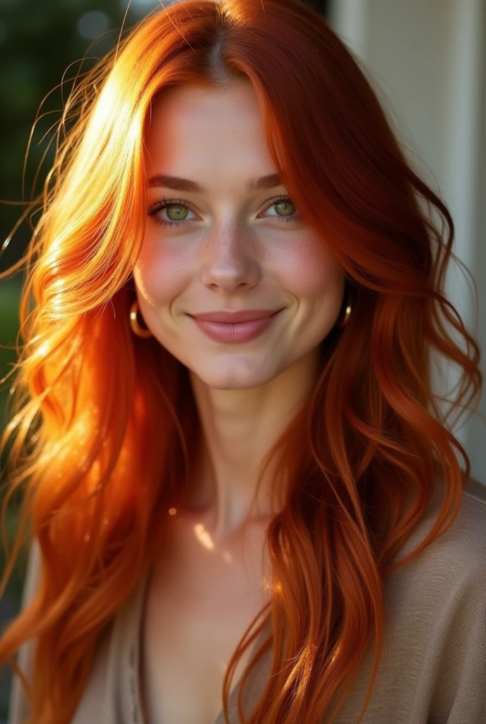 clearing! Imagine a young woman with intense red hair, that seem to glow like fire in the sunlight. Your hair is long and wavy, cascading over her shoulders and further highlighting the vibrancy of her color. Your skin is clear and appears to have a healthy glow, enhanced by a light touch of makeup that highlights your features without exaggeration.
His eyes are a vibrant green, which contrasts with the warm color of her hair and gives her a captivating and expressive look. She has a well defined face, with delicately high cheekbones and a smile that lights up her face, showing perfectly aligned white teeth.
She wears clothes that enhance her beauty, perhaps a neutral-toned blouse that highlights the color of your hair and eyes, and a skirt or pants that complements your personal style with a touch of elegance. His posture is confident and graceful, and she has a presence that is both striking and enchanting.