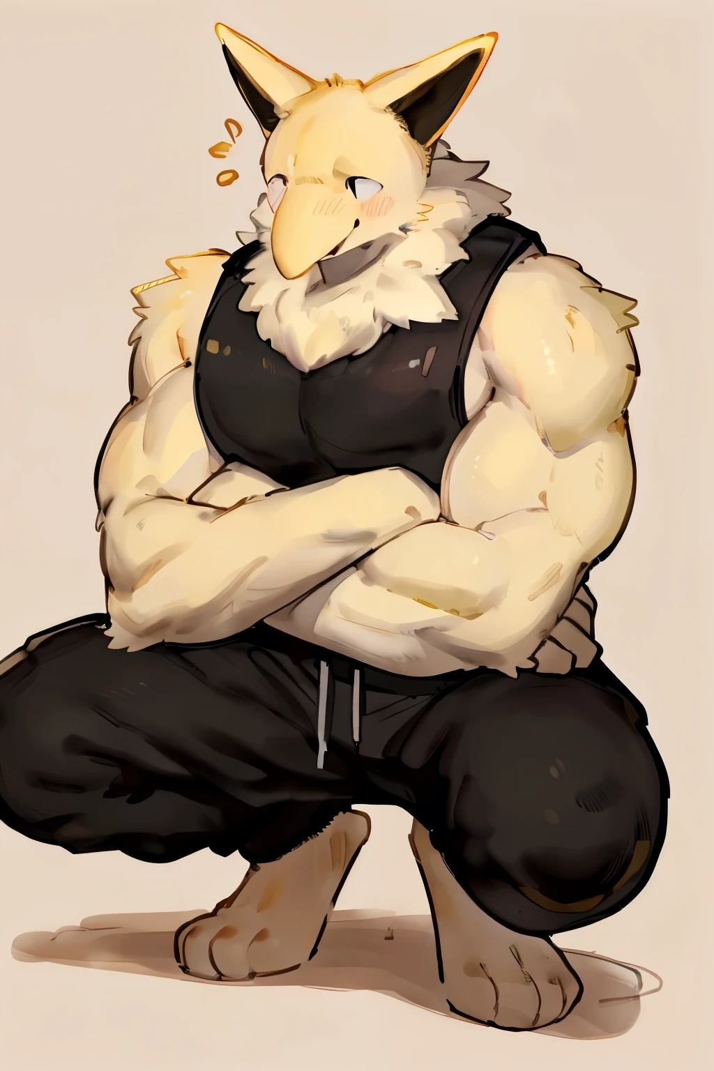 Furry, Anthro, solo, Hypno, Male, (((muscular body, massive male pectorals, yellow-gold skin, fluffy neck, wearing white fur around neck, facing viewer))), ((((massive biceps, wide-eyed, head tilted, crouching)))), ((((((massive bulky torso, hands on knees, happy, wearing black full male tanktop, wearing black sweatpants, barefoot)))))), full body, black/yellow spraypainted background, by buta99, by zackary911, by bebebebebe, (((digital painting)))