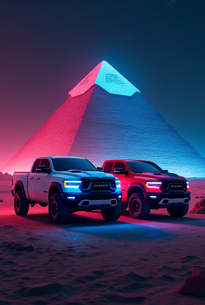 Two Dodge Ram TRX in Egypt in front of the Pyramid of Giza at night and all with neon lights and the sky with stars 