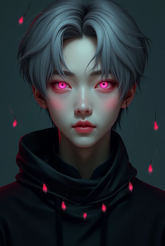 Hyunjin ( Stray Kids) (realistic photo),( demon seeds) ,(grey hair) (pink eyes)