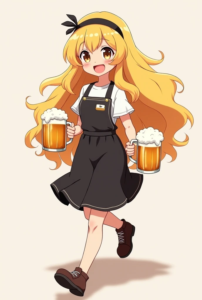 cute。Blonde。Her hairstyle is long and the hair that grows on both sides of her face is in voluminous curls.。
She is wearing a black apron and a headband on her head.。
The pose is of him walking busily with a beer mug in each hand.。
The expression is a smile。
Anime style illustrations。