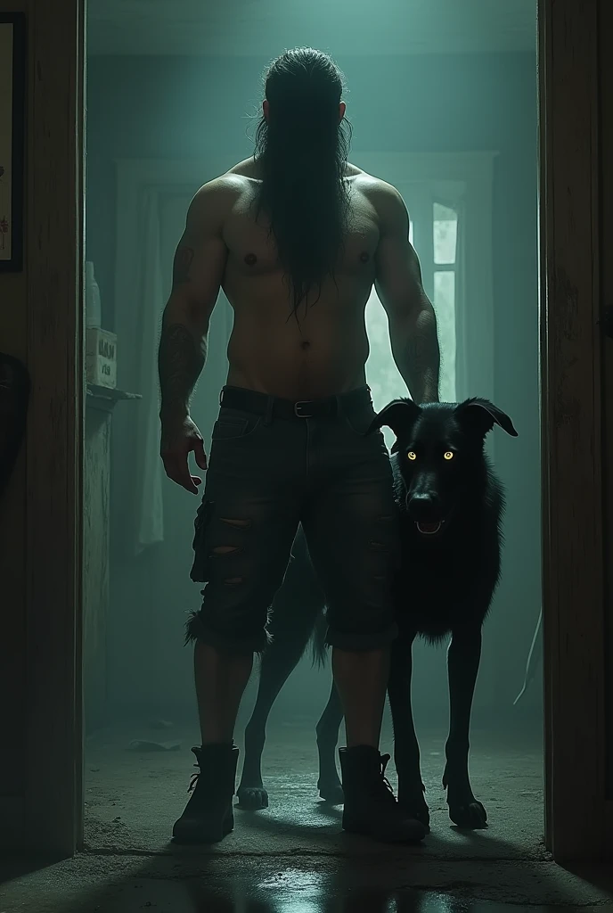 A shirtless, bushy man wearing only pants and his face completely black with a large, scary black dog with glowing eyes at his side, in a dark room in a house