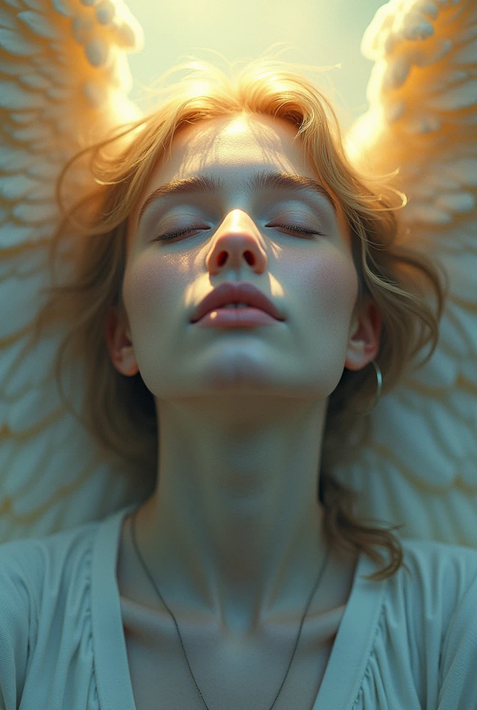Angelic female face with head tilted upwards and eyes closed, very nice yellow lighting and blue shadows