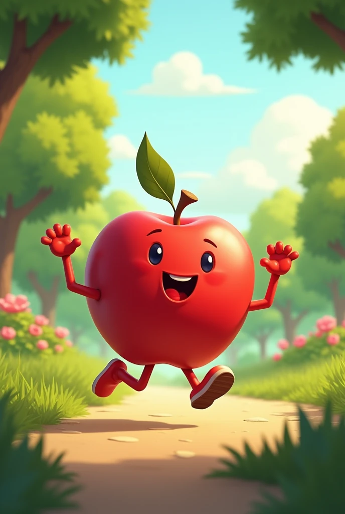 An animated red apple, jumping playing running in a park 