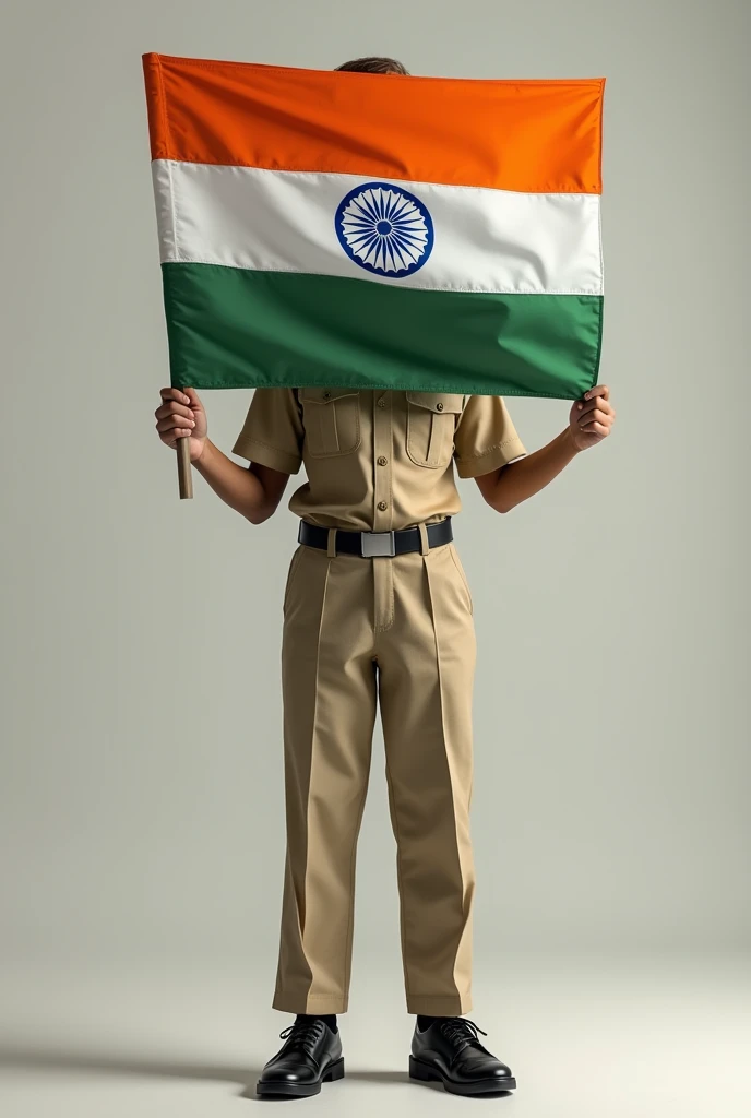 Photorealism . Fair boy of salwan public school old rajendra nagar wearing uniform of his school holding an Indian flag in front of his face covering his whole face . Boy is very fit and wearing uniform.