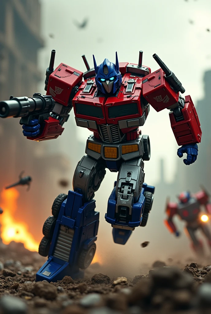 a highly detailed and realistic Optimus Prime robot, extremely dynamic and energetic pose, running and jumping through a war-torn battlefield, firing a bazooka, Bumblebee on his back engaged in an intense battle with Megatron, cinematic tilt-shift photography effect, hyper-detailed, 8k, photorealistic, dramatic lighting, vivid colors, industrial sci-fi, best quality