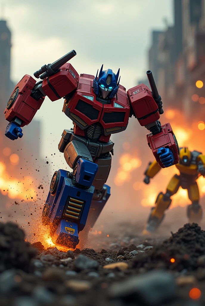 a highly detailed and realistic Optimus Prime robot, extremely dynamic and energetic pose, running and jumping through a war-torn battlefield, firing a bazooka, Bumblebee on his back engaged in an intense battle with Megatron, cinematic tilt-shift photography effect, hyper-detailed, 8k, photorealistic, dramatic lighting, vivid colors, industrial sci-fi, best quality
