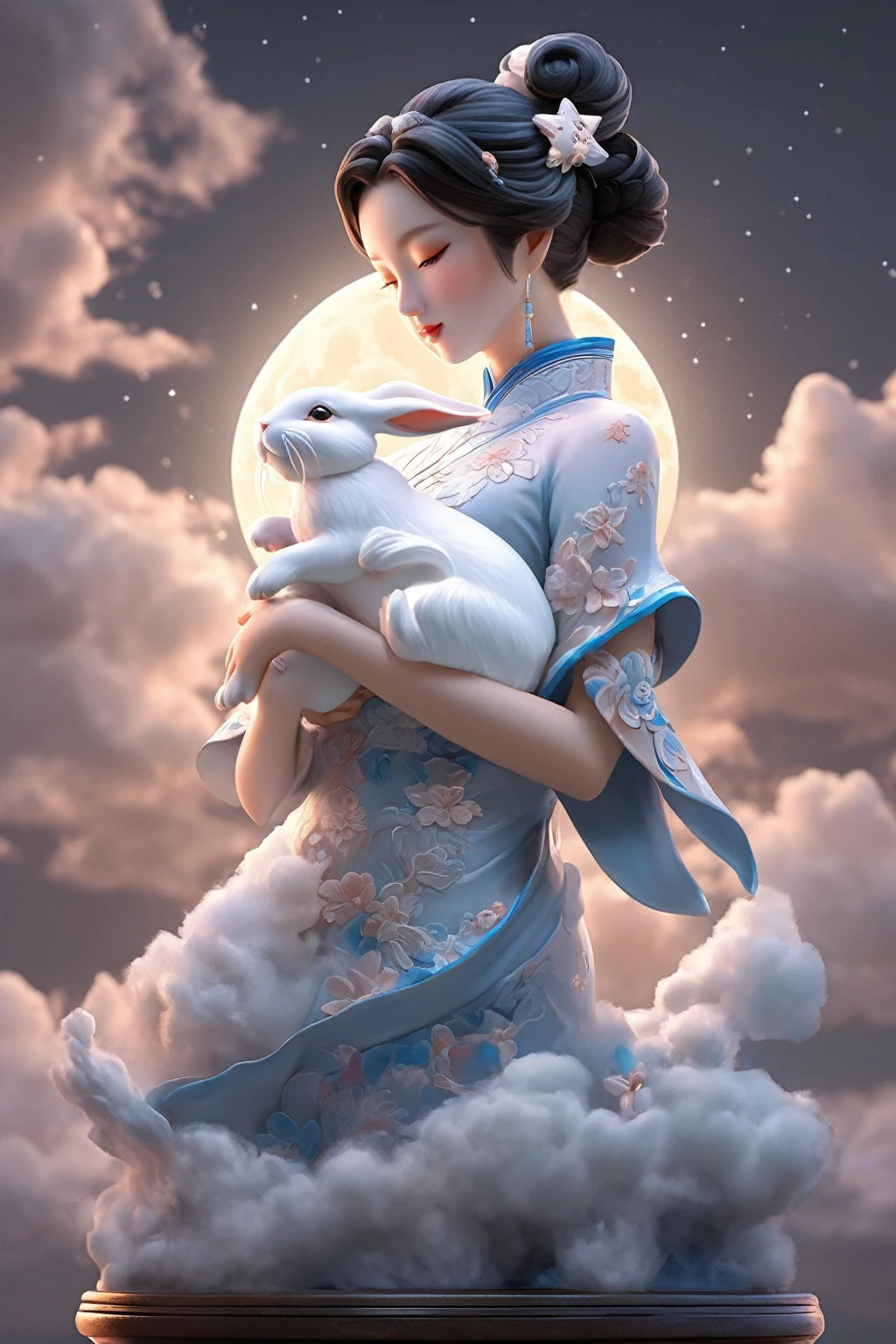 Sculpture out, realism：1 girl, Holding a rabbit in his arms，Pure skin, cheongsam, Movie Lighting, Full Moon, cloud, night, moonlight, Star  