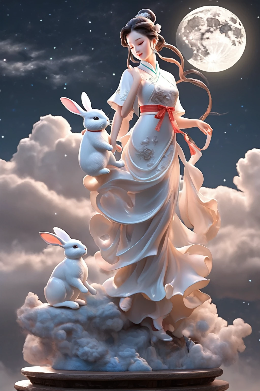 Sculpture out, realism：1 girl, Holding a rabbit in his arms，Pure skin, cheongsam, Movie Lighting, Full Moon, cloud, night, moonlight, Star  