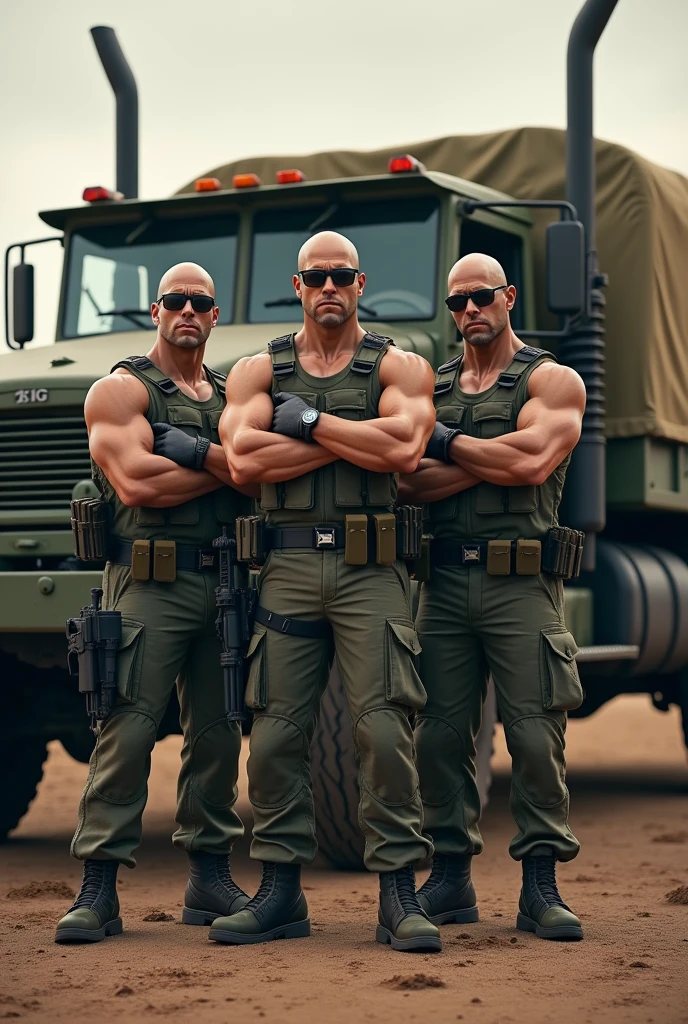 4k ((best quality)), ((masterpiece)), (detailed), hd, realistic face very muscular bald male soldiers full body stand by military truck sunglass,