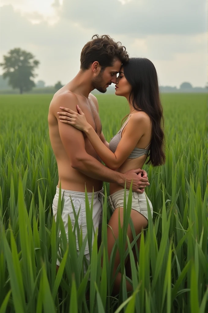 Couple, Completely nude cute young woman, Completely naked cute young man with a erect penis, long curly dark brown hair, dark brown eyes, closed eyes, medium size breasts, kissing, barefoot, erect penis, night, green field