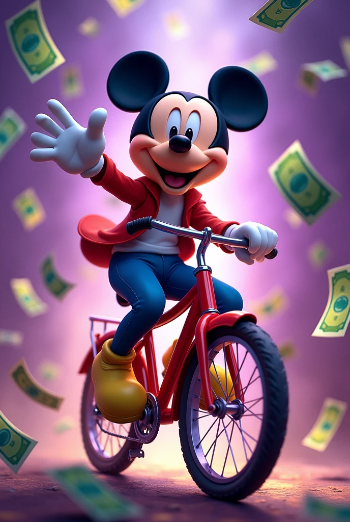 disney cartoon image riding a bike with lots of money with purple color theme