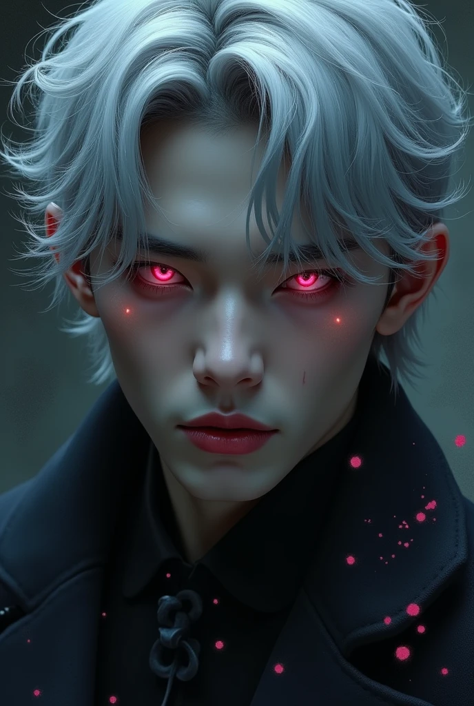 Hyunjin ( Stray Kids) (realistic photo),( demon seeds) ,(grey hair) (pink eyes)