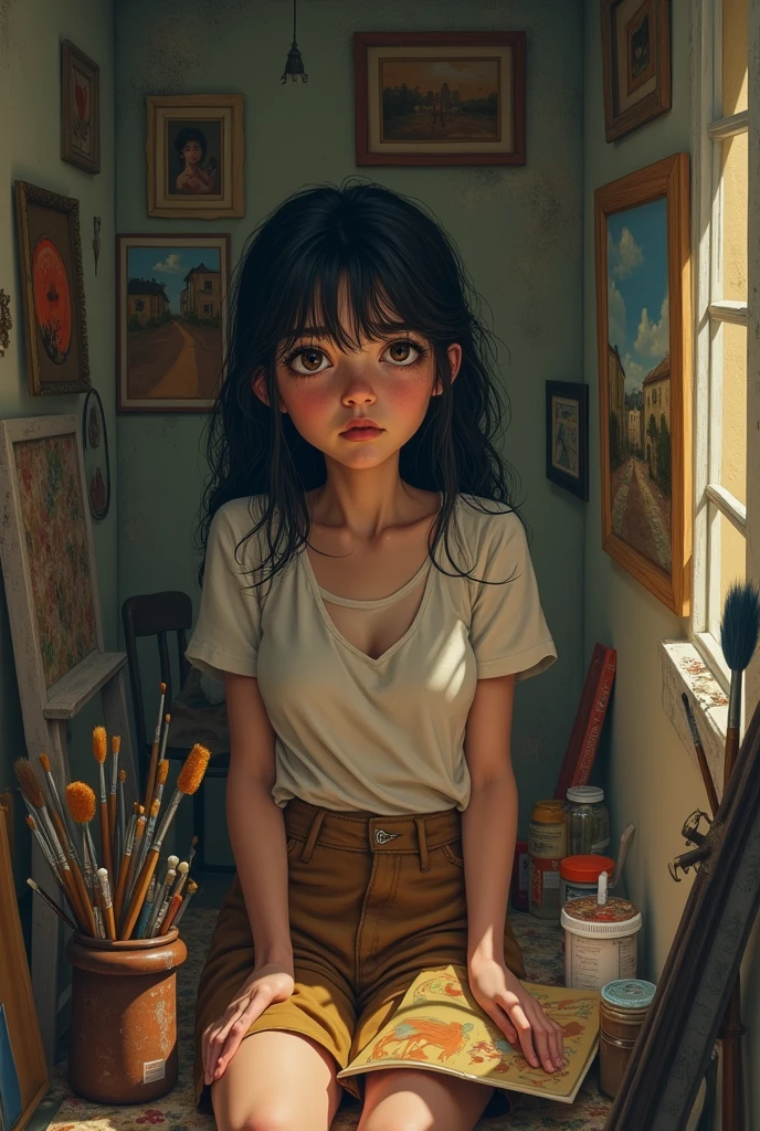 Mousumi in her small, cluttered apartment, surrounded by unfinished paintings and art supplies, looking tired yet hopeful.