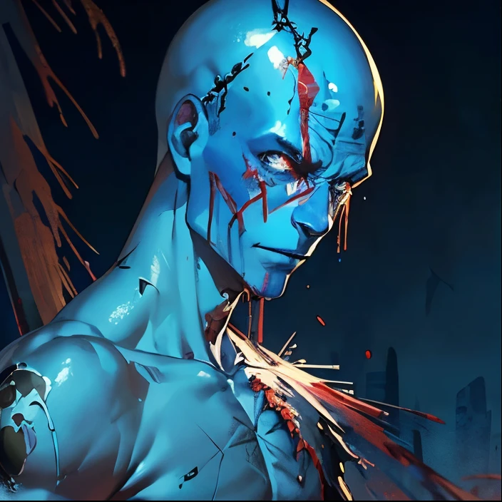 Blue bald man, (royal blue skin: 1.5), (covered with ugly scars and burns: 1.3), evil triumphant, forest backdrop, (covered with red blood spatter: 1.4), shirtless