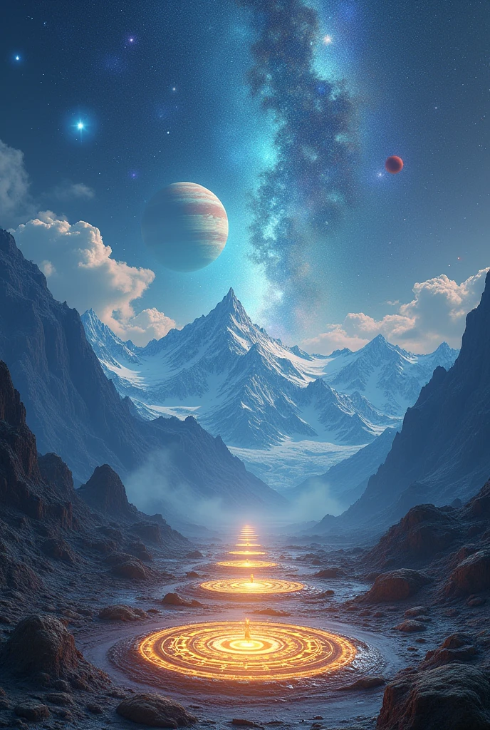 A place with oval shaped chakra in the feet side with mountains in behind and planets all over with galaxies and cosmic dust