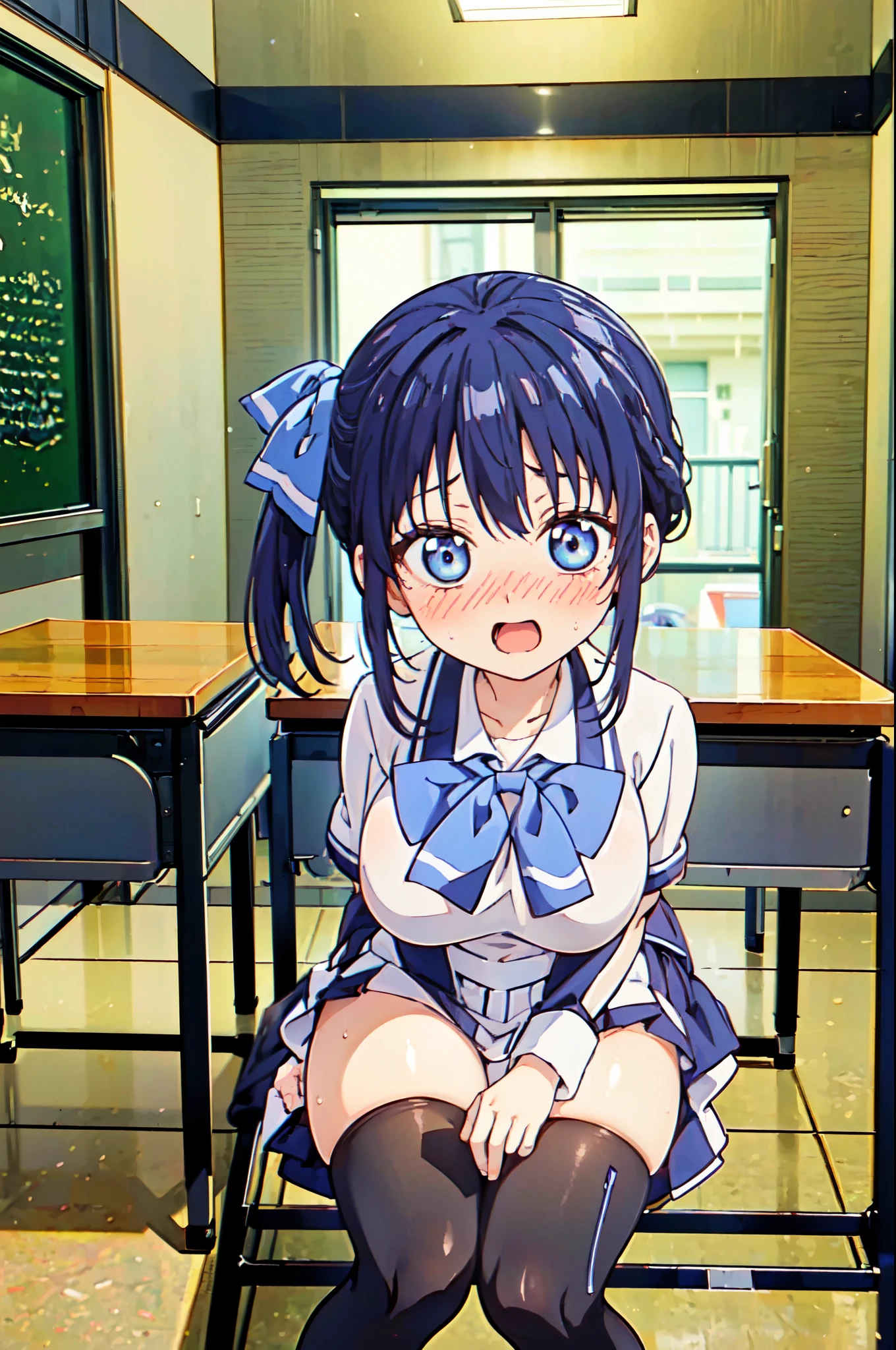 ((((masterpiece、Highest quality、High resolution)、anime)))、Navy Blue Hair、Big breasted beautiful、(Dynamic pose)、looking at the camera、(Beautiful detailed face、Beautiful big eyes)、((One beautiful person))、Good sensitivity、((Sexy pose))、((Embarrassed face))、Red cheeks、Open Mouth、Wearing a school uniform、Sitting at a desk in a classroom at school