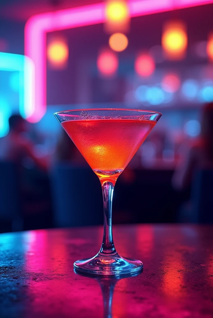 A glass in a club with neon lights 