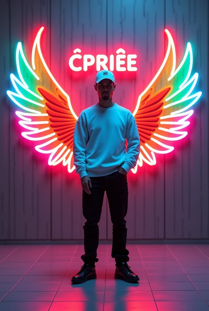 In this striking and futuristic scene, a mysterious individual stands confidently in front of a mesmerizing neon wall. The individual's casual attire a white sweater, white cap, black pants, and black shoes - contrasts with the vibrant neon wings in indian flag color, symmetrically placed on either side of the figure. The bold red neon quote "Cʜᴀʀɢᴇᴾᴿᴵᴹᴱ⚠" adds an inspiring touch to the composition. The floor, made of tiles, reflects the grayish hue of the wall