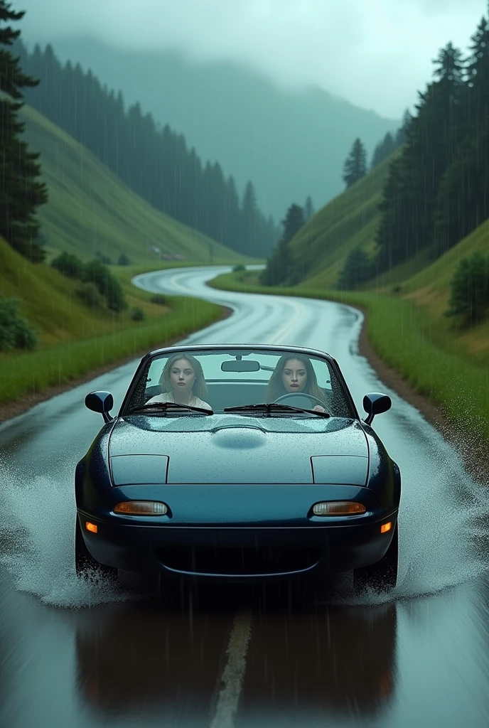 Mazda mx-5 on rainy country road with two women