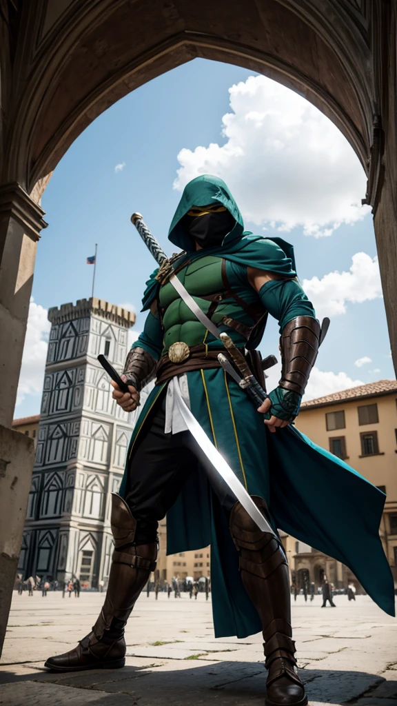 a teenage mutant ninja turtle with a white mask over his eyes and armed with a naginata. against the backdrop of Renaissance Florence