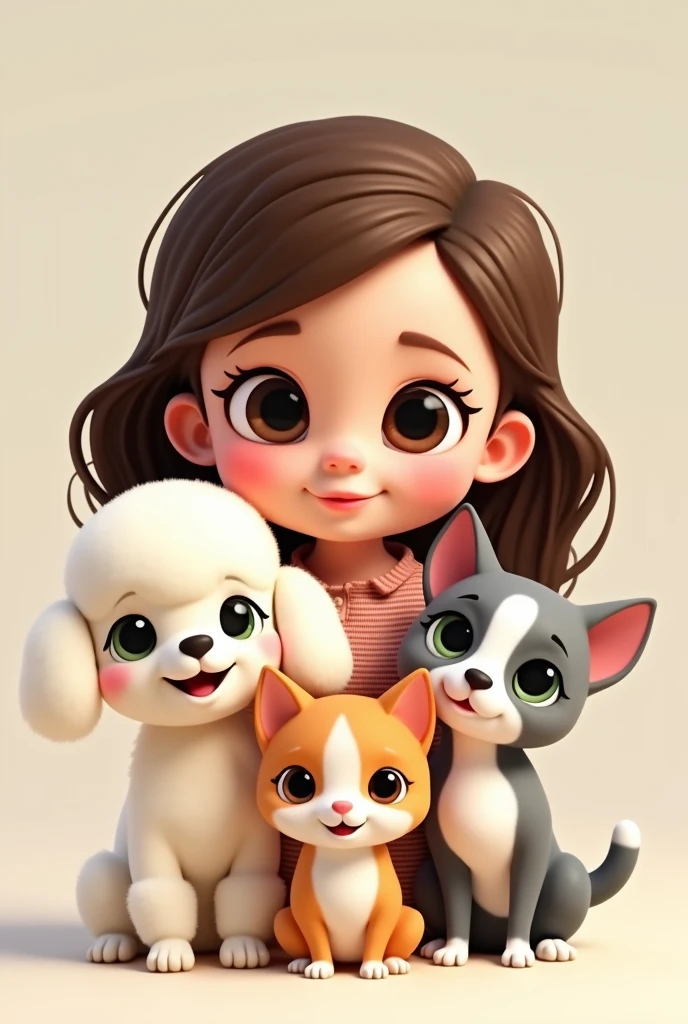 First put a girl with brown wavy hair combed to one side, slightly broad forehead and large brown eyes, Medium mouth with the lower lip slightly larger than the upper lip, chubby with slightly pink cheeks and short neck, with a wide texture; Second, put a white but flat poodle with ears that go from white to very light brown.; Third, put a light gray cat with white that goes from the eyes like a line and expands throughout the snout., with a pink nose and not so clear green eyes; Fourth, put a small, short-haired, white Chihuahua with a brown spot around just one eye (all animated)