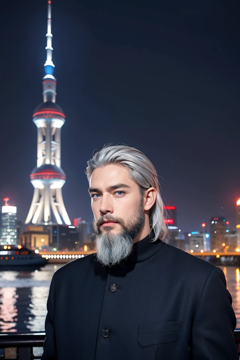 Handsome American male with silver hair, blue eyes, beard, standing confidently in front of the Shanghai Huangpu River cityscape, wearing a stylish casual outfit, evening skyline in the background.