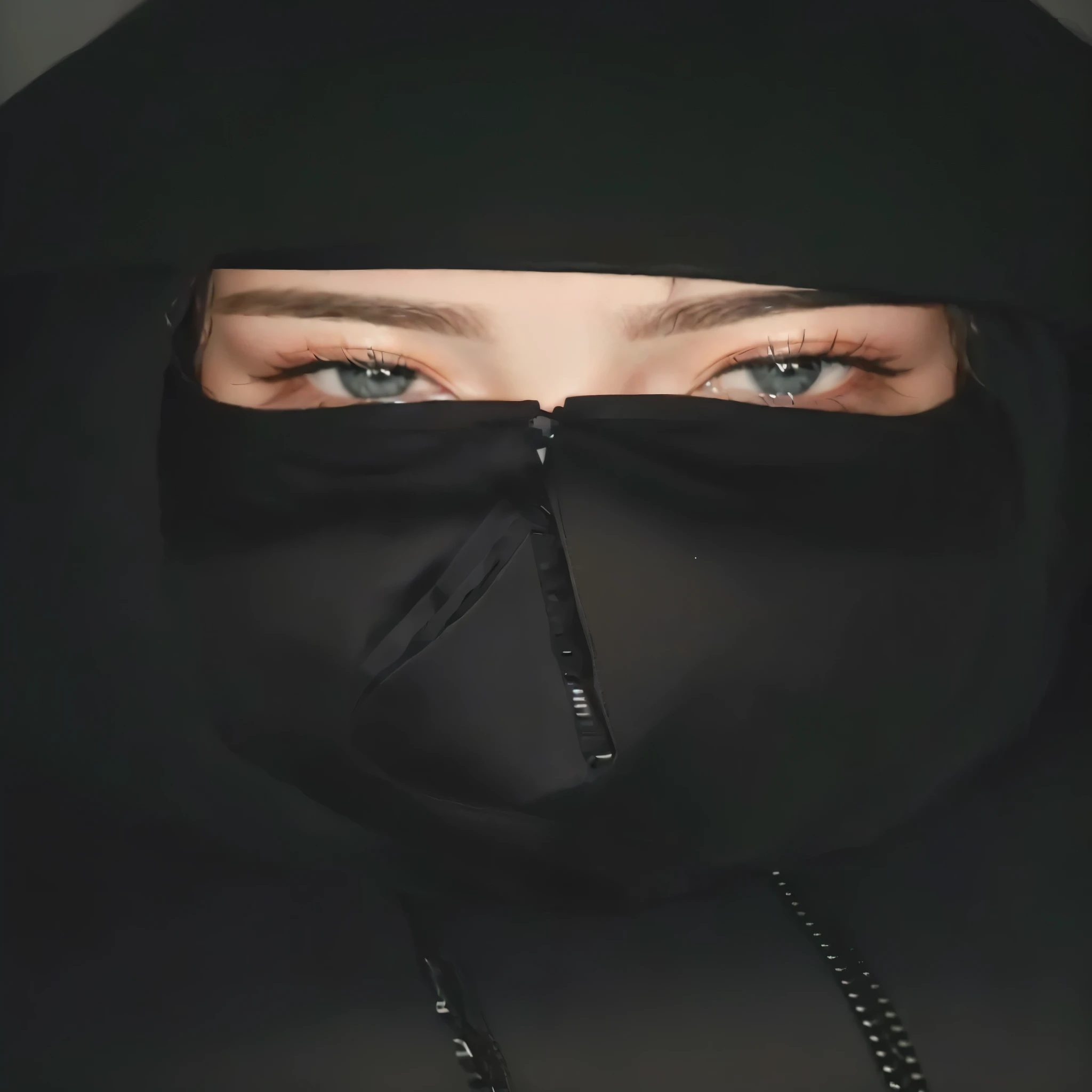 a close up of a person wearing a black hoodie and a black hood, face covered, with a face covered, dark visor covering top of face, face covered, dark visor covering face, face is wrapped in a black scarf, face partially obscured, visible face, dark visor covering eyes, close-up full face portrait, intense look in the eyes