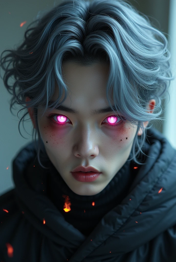 Hyunjin ( Stray Kids) (realistic photo),( demon seeds) ,(grey hair) (pink eyes)