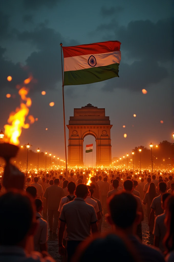 India indipendance in midnight , firelamps , national flag , indiagate