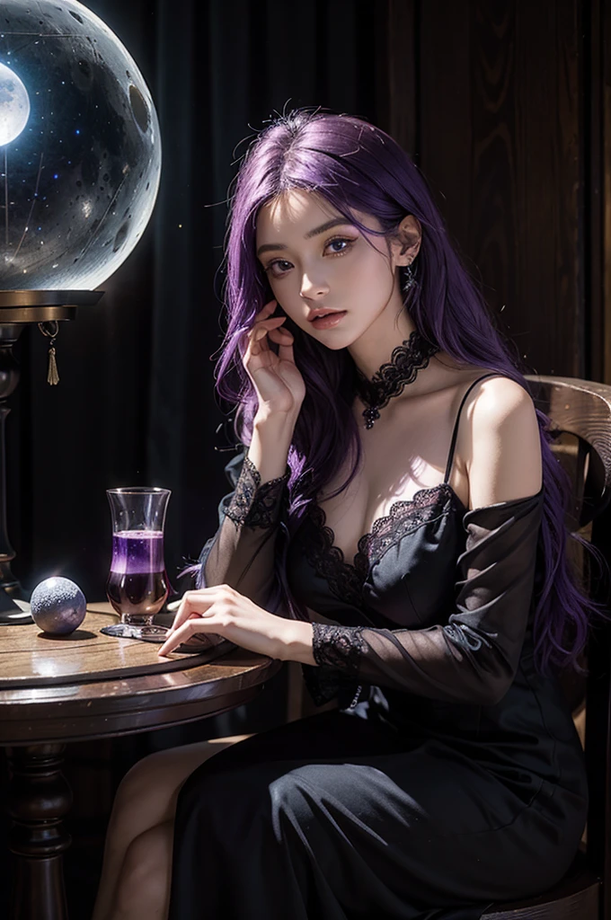 A young fortune teller with purple hair and violet eyes, dressed in a long black dress with gold lace details, sits at an antique wooden table in a moonlit forest. Her eyes shine with wisdom as she holds a large crystal ball that emits an intense blue light, revealing constellations and nebulae. The table is covered in tarot cards and purple crystals. The atmosphere is mystical and serene.