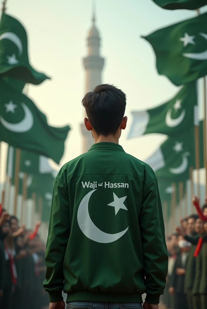 a teeen ager boy standing with tha name at the back wajiulhassan background have many pakistan flag with minara pakistan with name waji ul hassan