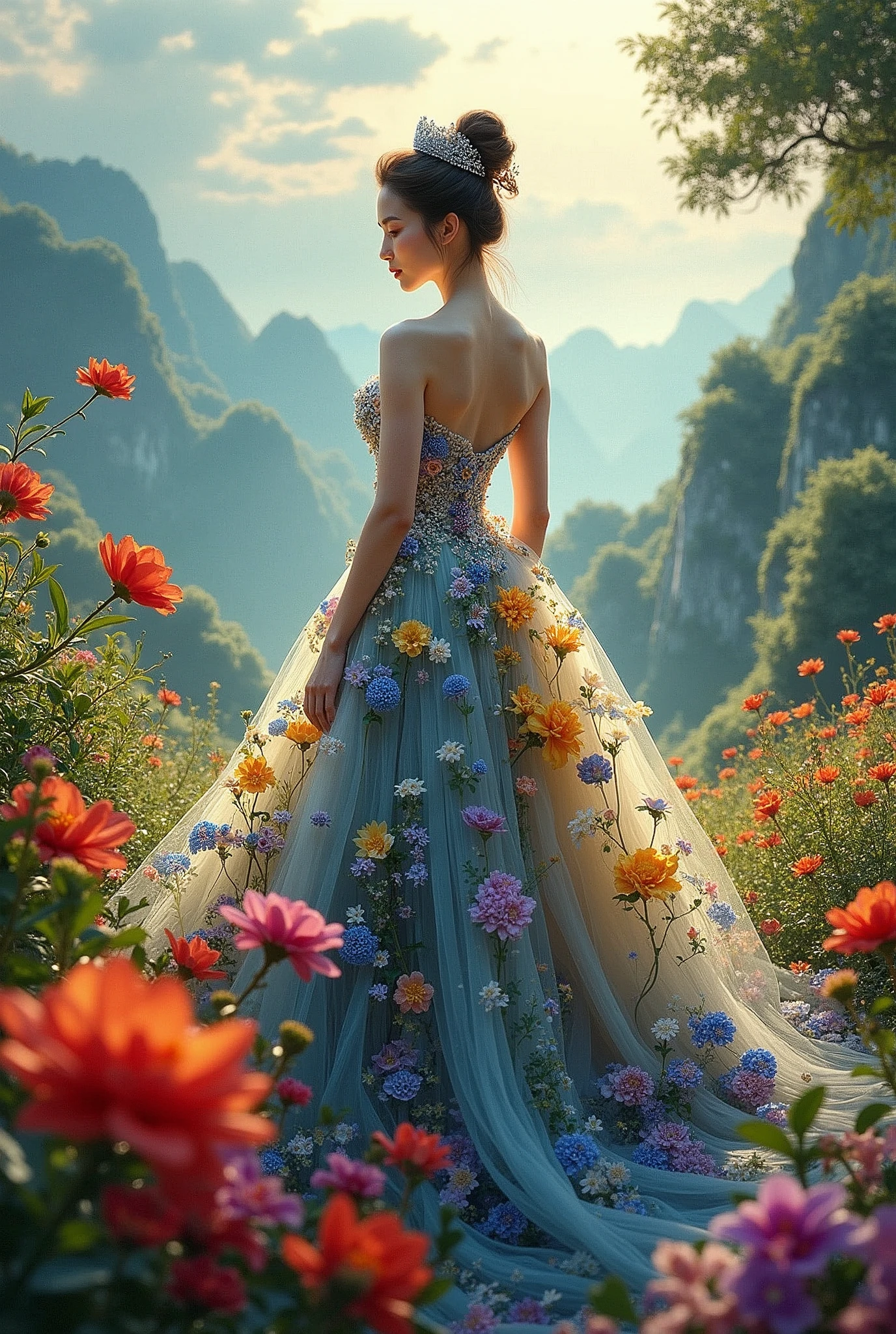A Vietnamese woman with big breasts, wearing a dress made of flowers, under her feet and behind her is a forest of blooming flowers, with all kinds of flowers in many colors, each flower is blue, red, yellow, green, purple, with sunlight shining through the leaves, on the mountains in the distance are mountains with white clouds swirling around, wearing a gorgeous outfit, gorgeous dress, intricate dress, elegant fire dress, gorgeous and elegant, lavish dress, inspired by Hedi Xandt, gorgeous dress, intricate dress, gorgeous royal dress, gorgeous clothes, gorgeous dress, intricate and elegant, dress with intricate details, gorgeous, high heels, royal dress, detailed hands, Fire in the body, water on the dress, lightning element, fire element, lightning wings, full water, Transparent clothes, masterpiece, best quality: 1.2),, (8k, high resolution, RAW images, realistic, photorealistic: 1.3), (detailed skin texture, detailed cloth texture, detailed water, detailed trees, detailed textured flowers, detailed leaves, detailed colors, beautifully detailed faces: 1.25), professional lighting, photon mapping, beautiful soft lighting, brightness, physically based rendering, ray tracing, model shooting style, model shooting style, (Unity's super detailed 8k CG backgrounds), the world's most beautiful full body artwork, similar face file:///D:/C/Desktop/e%20duong/z5728321478468_c48a1434d8a229637008870c5a128975.jpg