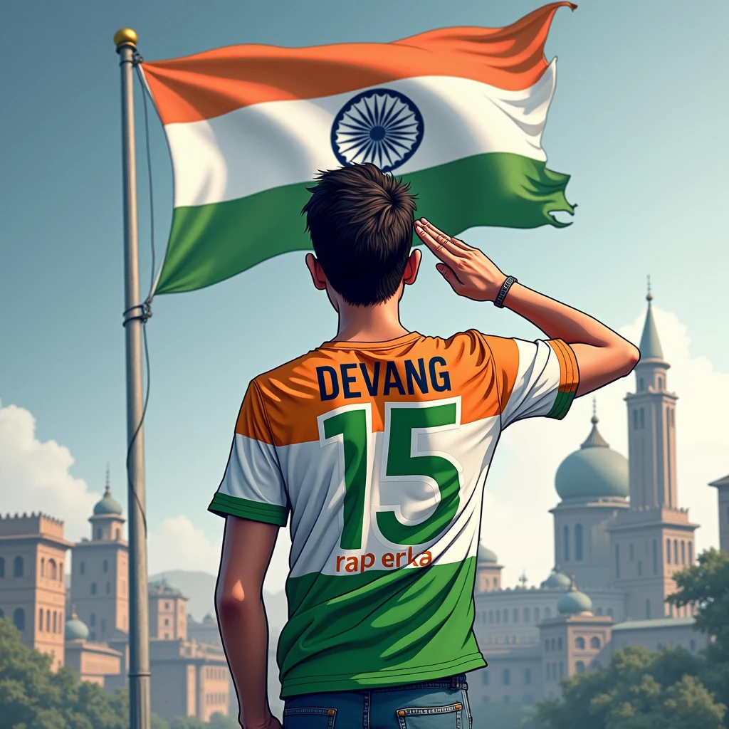 A 21 years old boy salutes the national flag of Bharat and he is wearing a shirt print is like Bharat flag and ” DEVANG ” and 15 number and republic day in small written on it’s back in big and bold fonts, 3d illustration.