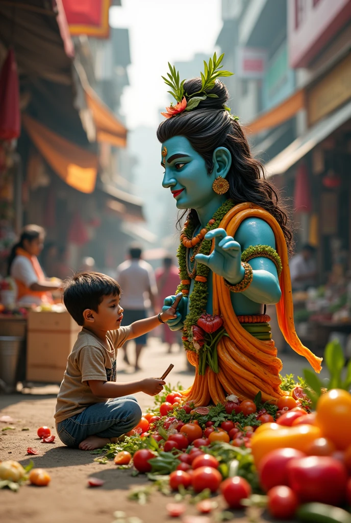A making a big idol of Lord Shiva from vegetables in the middle of the market.