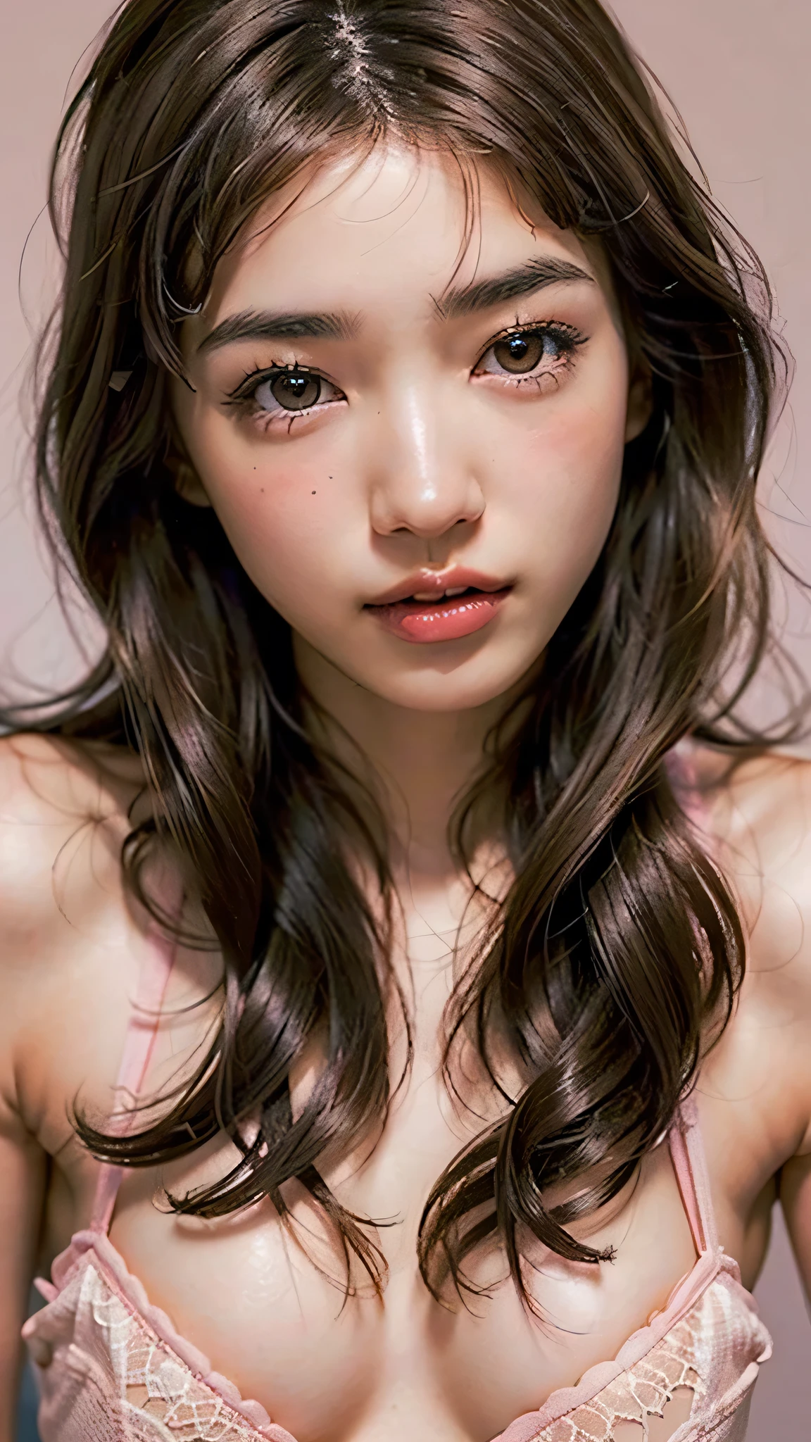 ((NSFW)), beautiful girl, ((brown eyes)), (18 year old age girl), light brown hair color, ((big tits)), lips, realistic, (slim face), ((skinny)), charming, pink lipstick, colorful makeup, long eyelashes, wearing eyeliner, fair skin, (cute), (detailed face), detailed eyes, detailed iris, complete naked,