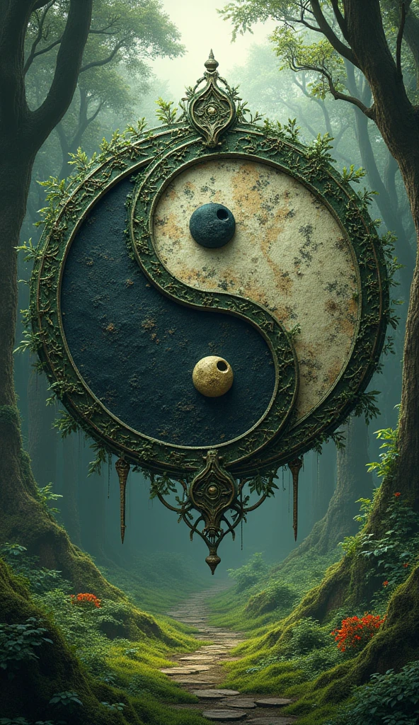 There is a fantasy title "Yin Yang" written in the fantasy symbol yin yang. There is a green jungle behind the title, a grassy forest. Yin Yang mythological symbol clearly visible behind the title. Wild and rustic background, font of the title is fantasy, beast. A 3D, fantasy, realistic, aesthetic poster.