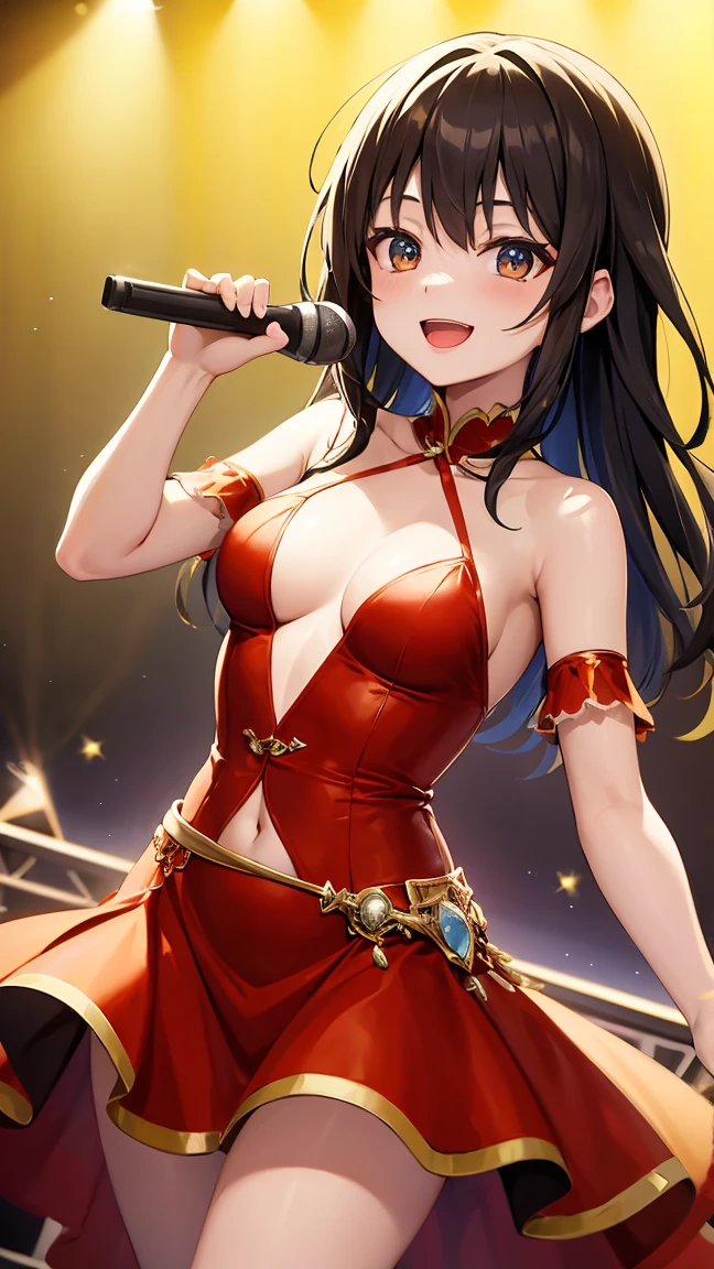 The fresh smile of、She is wearing a gorgeous red costume and singing on stage with a microphone.。This is a high resolution image of a fluttering skirt.。It&#39;s full of excitement。