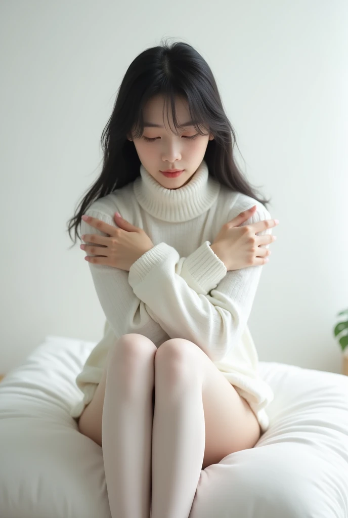 A 20-year-old Japanese woman wearing a white turtleneck sweater and white tights is sitting on a large white cushion with her knees hugged to her chest.