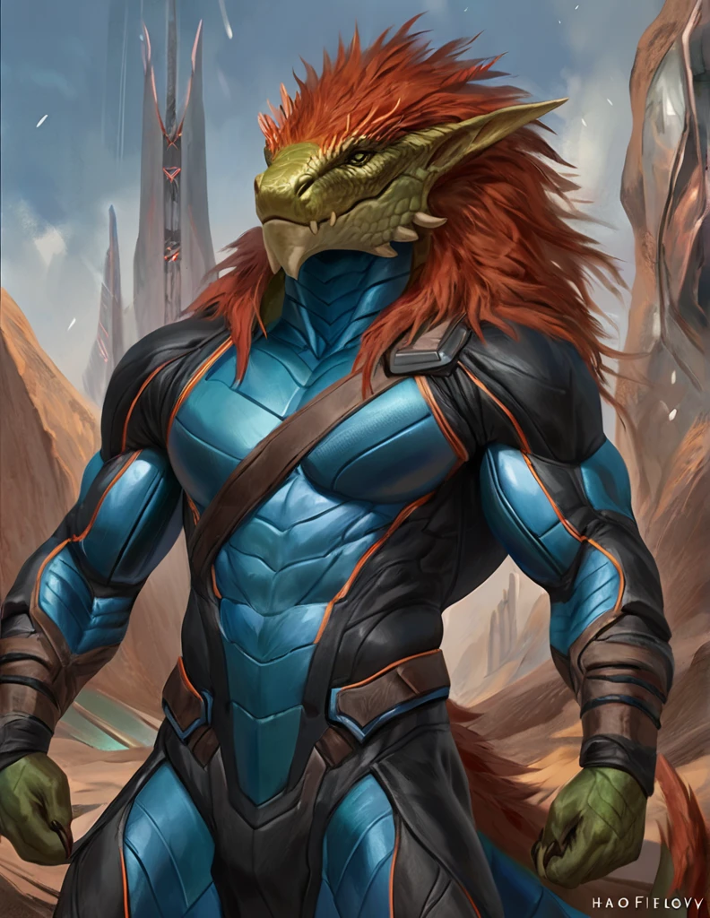 a ferocious male lizardfolk druid, muscular detailed body, masculine pose, tall topless, futuristic bodysuit, comic book style illustration, best quality, 4k, ultra-detailed, realistic, by laobai, by taran fiddler, by honovy