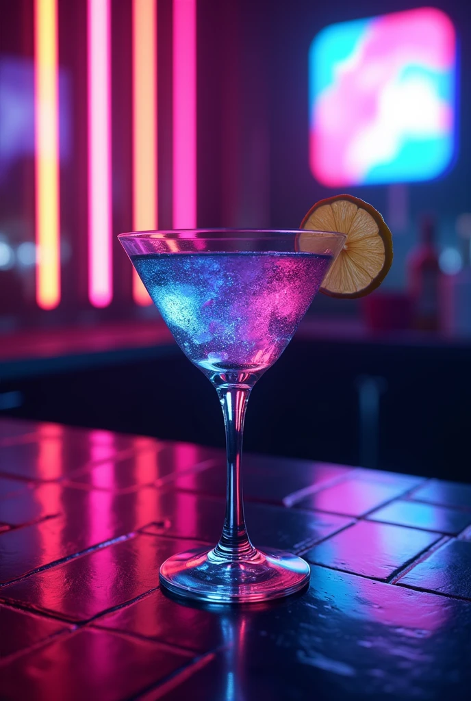 A glass in a club with neon lights
