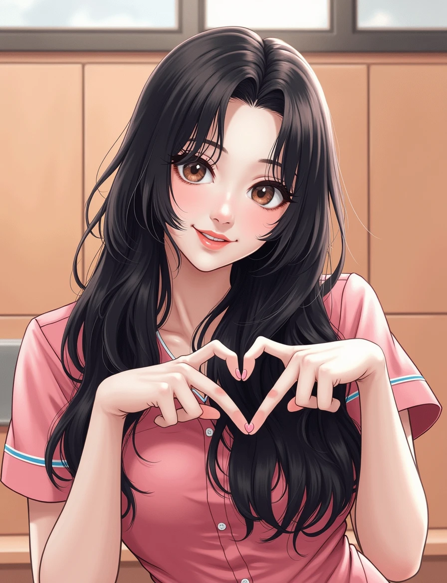 photograph, cowboy shot, woman with index fingers together making heart shape, smiling beautiful Japanese female nurse wearing pink nurse dress, hourglass figure, beautiful detailed face, black hair, pale skin, fair skin, realistic skin, detailed cloth texture, detailed hair texture, Perfect proportion, Anatomically correct, Highly detailed face and skin texture, private modern hospital room, looking at viewer, asian face , perfect anatomy, realistic