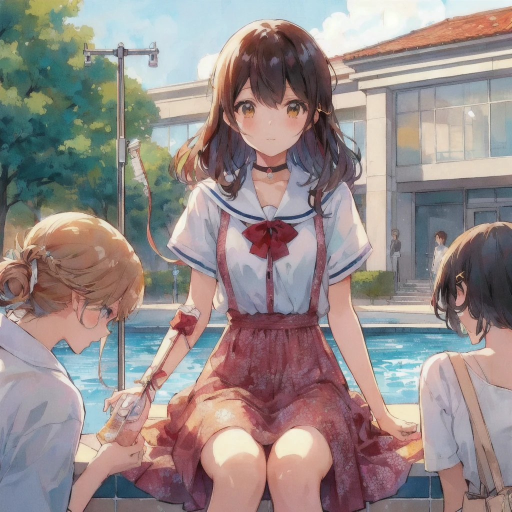 献血をしているいるAnime女の子,In front of the fountain,Cute girl anime visuals, beautiful anime high high school girl, LOFI Girl, high quality Anime art style, 若いAnime, Kantai Collection Style, high school girl, Animeがエナジードリンクを飲む, Anime Aesthetics, Anime-style illustrations, 80s anime style,美しいAnime art style, Anime, Anime art style