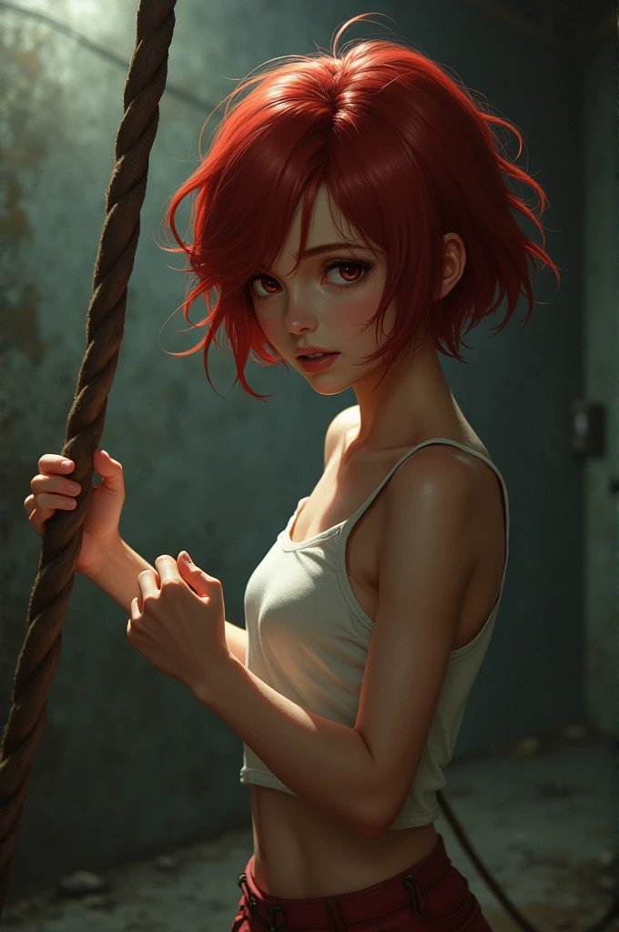 1Elf slave girl with redhair standing in front of wall, chained to wall, hands attached to wall, arms raised, girl standing, naked, big breast, puffynipples, girl chained in dungeon, dark and dirty dungeon, embarrassed and crying face, mouth open, eyes closed, tears, stone walls, chains, shackles, dark and humid environment, shackles on wrists and ankles, spread legs, wet pussy, 1 executioner behind her hugging her ass having sex with her