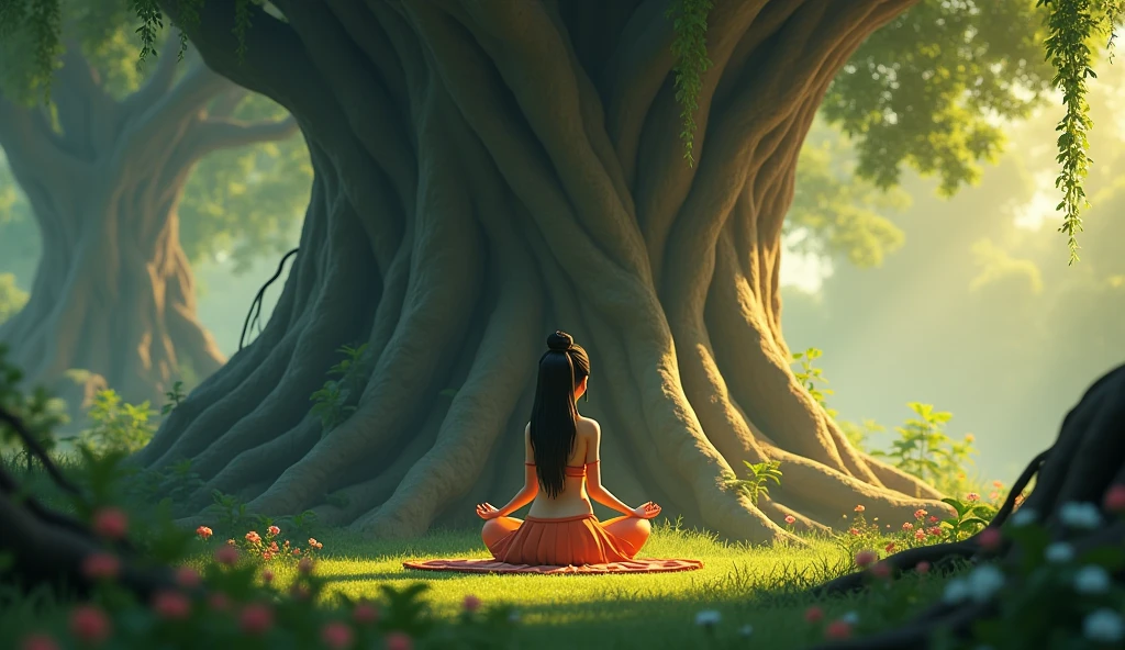 In cinematic 3D cartoon style. Parvati’s Tapasya Begins: Show Parvati in a deep forest, sitting in a meditative posture under a large, ancient tree. She is dressed in simple clothes, her hair tied up, surrounded by nature, and radiating an aura of intense devotion.