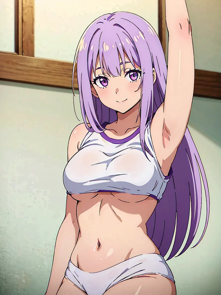 Anime, 1girl, solo, long_hair, purple_eyes, light_purple_hair, bare_shoulders, blushing, smile, upper_body, bangs, sidelocks, anime_coloring, white t-shirt, black thigh high socks, medium breasts, thick thighs, sexy pose, high res, best quality, masterpiece 